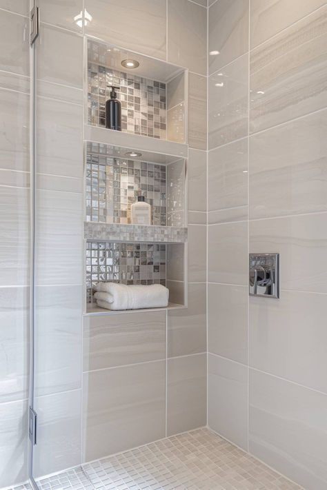 28 Creative Shower Shelf Ideas to Maximize Space Shower Cubbies Built Ins, Showers With A Ledge, Shower Pocket Shelf, Small Shower With Storage, Built In Shower Storage Ideas, Shower With Shaving Ledge, Bathroom Tile Shelf Ideas, Long Horizontal Shower Niche, Walk In Shower With Niche