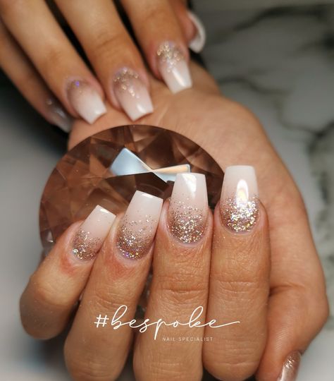 Rose Gold Reverse French Manicure, White And Rose Gold Ombre Nails, Rose Gold Ombré Nails, Glitter Fade Acrylic Nails, Gold Glitter Ombre Nails Acrylic, Glitter Fade Nails Gel, Faded French Nails With Art, Rose Gold And White Nails, Christmas Nails Rose Gold