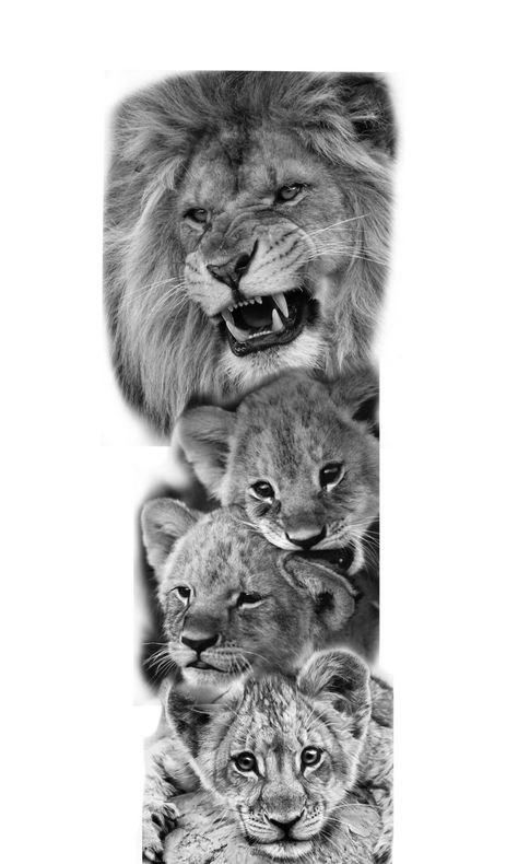 Lion And Three Cubs Tattoo, Lion Cubs Tattoo, Tattoo Ideas Shoulder, Lion Cub Tattoo, Unique Animal Tattoos, Warrior Tattoo Sleeve, Big Cat Tattoo, Cubs Tattoo, Masculine Tattoos