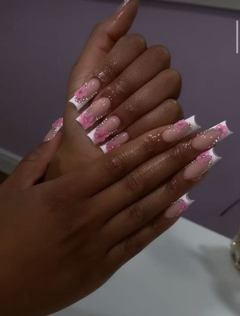 Simple Righnstone Nails, Short Pink French Tip Nails With Design, Cute Junk Nails, Nail Inspo Y2k, Nails Summer Nails, Long Acrylic Nail Designs, Colored Acrylic Nails, Cute Acrylic Nail Designs, French Tip Acrylic Nails