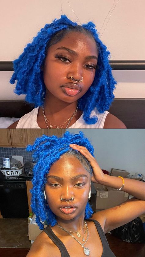 Short Blue Butterfly Locs, Short Blue Braids, Blue Protective Styles, Blue Invisible Locs, Blue And Black Butterfly Locs, Blue Dreads Black Women, Blue Soft Locs, Blue Locs Black Women, Blue Braids For Black Women