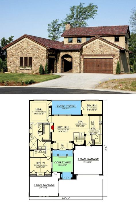 The modest and beautiful Tuscan style exterior of this one story 4 bedroom Tuscan house plan with private courtyard. Tap to discover more of the charming Tuscan interior design and more traditional luxury Tuscan house plans. Architectural Style: Spanish inspired, European, over 3000 sq.ft., 3 Garage, 3 Baths. https://www.architecturaldesigns.com/house-plans/timeless-tuscan-house-plan-with-courtyard-with-finished-lower-level-890118ah #EuropeanMansions #TuscanHousePlans #FloorPlan Tuscan Cottage Exterior, Small Tuscan House Plans, Tuscan Villa Floorplan, Small Tuscan House, Tuscan Floor Plans, Tuscan Home Plans, Spanish House Plans, Tuscan House Plans, Tuscan Interior