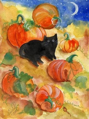 size: 12x9in Art Print: Little Black Cat in Pumpkin Patch by sylvia pimental : Cat In Pumpkin, Cat Products, Artist Palette, Pumpkin Art, Art Print Display, Cat Artwork, Black Halloween, Nursery Art Prints, Holiday Prints