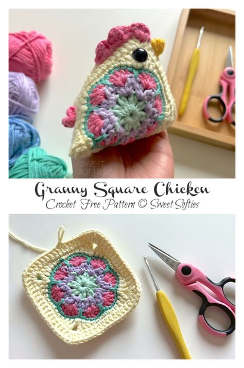 Granny Square Chicken Crochet Free Pattern Granny Square Chicken Pattern, Granny Square Crafts, Crocheted Chickens, Granny Square Amigurumi, Granny Square Animals Free Pattern, Granny Square Free Crochet Pattern, Granny Square Animals, Crocheted Chicken, Easy Cute Crochet