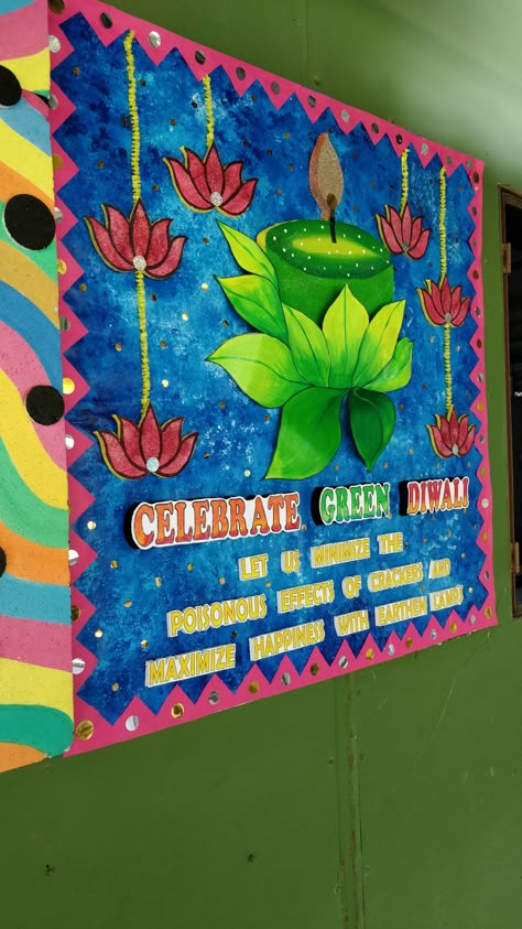 Green And Safe Diwali Poster, Green Diwali Board Decoration, Diwali Softboard Decoration, Rakhi Celebration Decoration, Green Diwali Poster Creative Painting, Green Diwali Drawing, Diwali Decorations At Classroom, Diwali Backdrop Ideas For School, Diwali Stage Decoration In School