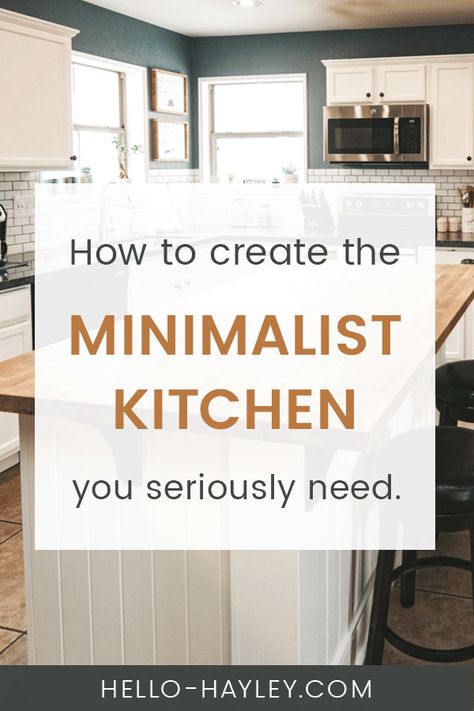 Learn how to create the minimalist kitchen you seriously need. I've created a simple list for small and large kitchens a like to create a more minimalist feel. Learn how to manage your kitchen with the essentials and ramp up your organization. I'm sharing the decor you don't need on your countertops and how to make your farmhouse or modern kitchen a bit more beautiful. #minimalist #minimalism #kitchen #organization Farmhouse Kitchen Countertops Decor, Simple Minimalist Kitchen, Small Apartment Kitchen Storage Ideas, Above Kitchen Cabinets Ideas, How To Decorate Kitchen Counters, Minimalist Kitchen Counters, Kitchen Countertops Decor, Decorating Above Kitchen Cabinets Ideas, Modern Kitchen Countertops