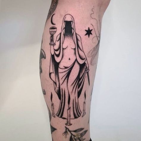 Chalice Tattoo Company on Instagram: "@goatmoth bringing occult beauty to Brisbane email goatmoth.tattoo@gmail.com for bookings" Tattoo Ideas Symmetrical, Cloaked Woman Tattoo, Mirrored Tattoo Ideas, Fantasy American Traditional Tattoo, Trad Goth Tattoo Ideas, St Brigid Tattoo, Witch Trad Tattoo, Small Bone Tattoo, Kitchen Witch Tattoo