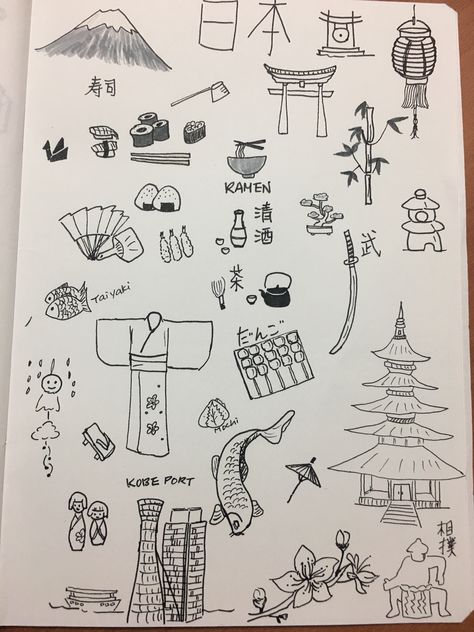 Japan Doodle Japanese Art Doodle, Easy Things To Draw In Journal, Cute Japanese Drawings Easy, Japanese Art Easy To Draw, Japanese Doodles Aesthetic, Japan Drawing Ideas, Japan Easy Drawing, Japanese Doodle Art, Asian Doodles Art