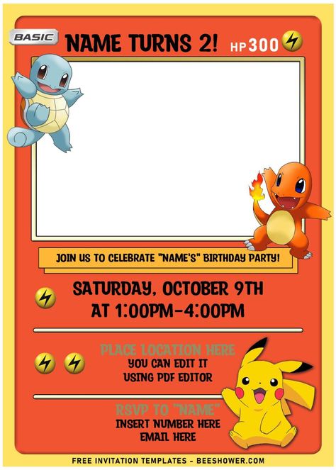 (Free Editable PDF) Lovely Pokémon Card Themed Birthday Invitation Templates | Beeshower Pokemon Photo Booth Frame, Pokemon Snack Bar Free Printables, Free Printable Pokemon Invitations, Pokemon Birthday Cards Diy, Pokemon 30th Birthday, Pokemon Invitations Template Free, Pokemon Birthday Invites Free Printable, Pikachu Invitations Birthday, Charizard Birthday Party