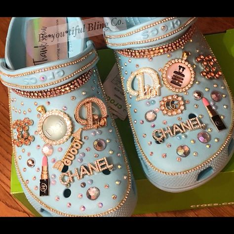 Custom Bling Crocs! Various Sizes And Colors Available. Website: Beyoutifulblingco.Com Designer Crocs, Bling Crocs, Crocs Charm, Crocs Charms, Blue Crocs, Crocs Fashion, Blink Blink, Mary Jane Clogs, Lizard Print