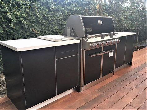 As Outdoor as it gets.  Todays project in Hawthorn feat. The Weber E660 Summit Grill. . . #bbqkitchen #bbqkitchens #alfrescokitchen #alfrescokitchens #outdoorkitchen #outdoorkitchens Weber Q Outdoor Kitchen, Webber Bbq, Built In Evo Grill, Evo Grill Outdoor Kitchen, Double Weber Kettle Grill Table, Bbq Island Charcoal Weber Grill, Weber Bbq, Outdoor Kitchen Cabinets, Outdoor Bbq Kitchen