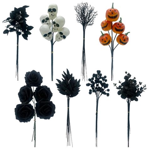 PRICES MAY VARY. What You Get: 60pcs with 8 Kinds: six ear rose leaves x 10 pieces + white skeleton x 5 pieces + black dead branches x 10 pieces + devil pumpkin x 5 pieces + black willow leaves x 10 pieces + foam poison roses x 5 pieces + witch fruit x 5 pieces + hot money leaves x 10 pieces. Premium Material: roses are foam flowers, pumpkins are made of foam materials, which are three-dimensional, full, soft and delicate; The fabric leaves have full and plump meridians, and the fabric is flat a Dollar Tree Table Decor, Halloween Branches, Devil Pumpkin, Black Willow, Willow Leaves, Tissue Paper Flowers Diy, Fabric Leaves, Gothic Themes, Dollar Tree Halloween