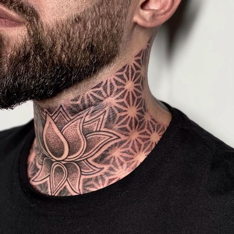 neck tattoo Neck Tattoo For Guys Mandala, Front Next Tattoo Men, Men’s Front Neck Tattoos, Neck Mandala Tattoo Men, Mens Front Neck Tattoos, Mandela Neck Tattoo Men, Geometrical Neck Tattoo, Geometric Throat Tattoo Men, Front Of Neck Tattoo Men