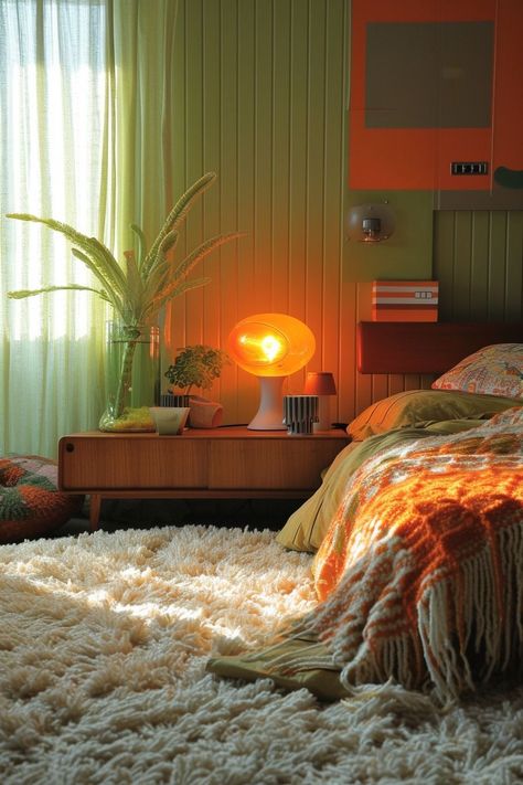 Funky Green Bedroom, Bedroom Green Inspiration, Lava Lamp Bedroom Aesthetic, 70s Bedroom Inspiration, Minimal Retro Bedroom, Bedroom Colorful Ideas, Bedroom Inspirations 70s, Green Aesthetic Vintage Bedroom, 70s Retro Bedroom Aesthetic