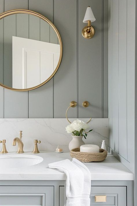 Brass Bathroom Light Fixtures Over Mirror, Millwork Wall Bathroom, Small Cottage Bathroom Ideas Design, Bathroom Design With White Vanity, Powder Bathroom Board And Batten, Repainted Bathroom Vanity, Modern Farmhouse Guest Bathroom Ideas, Neutral Glam Bathroom, Modern Farmhouse Style Bathroom