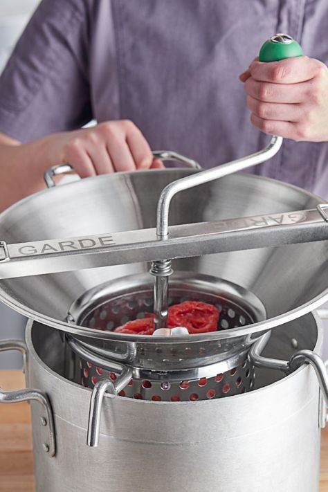 Person using food mill for canning tomatoes. Fruit Sauces, Food Mill, Kitchen Tools Design, Canning Tomatoes, Summer Eating, Fruit Puree, Cooking Equipment, Fresh Fruits And Vegetables, Food Prep