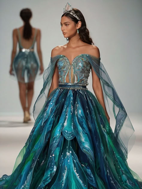 Ocean Princess Dress, Night Court Gown, Sea Inspired Dress, Unique Ball Gowns, Smooth Ballroom Dress, Draping Ideas, Ocean Dress, Egyptian Fashion, Festival Outfits Rave