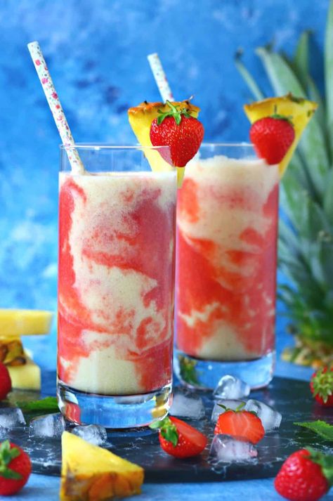 Strawberry Pina Colada, Colada Drinks, Pina Colada Drinks, Valentines Party Food, Virgin Cocktails, Virgin Drinks, Pina Colada Recipe, Pineapple Drinks, Strawberry Drinks