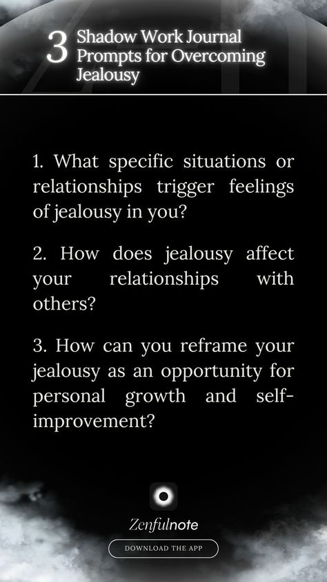 These prompts can help you uncover the root causes of your jealousy, understand its impact on your relationships, and work towards transforming jealousy into a catalyst for personal growth and self-improvement. Relationship Shadow Work, Shadow Work Prompts, Shadow Work Journal Prompts, Work Journal Prompts, Shadow Work Spiritual, Overcoming Jealousy, Shadow Work Journal, God's Healing, Work Journal