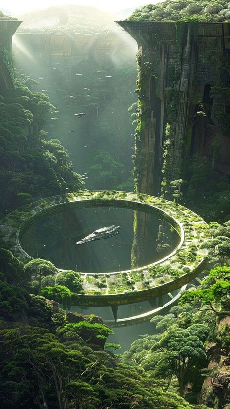 Sci Fi Environment Art, Bio Futurism, Post Apocalyptic Nature, Futuristic Ruins, Futuristic City Concept Art, Science Fiction Aesthetic, Sci Fi Environment Concept Art, Solarpunk City, Sci Fi Aesthetic