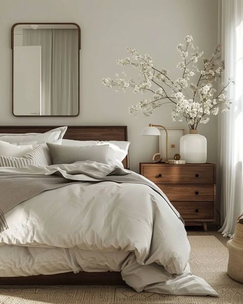 43 Dark Bedroom Furniture with Light Bedding - Home Soils Light Bedframe Dark Bedding, Light Bedroom With Dark Furniture, Transitional Bedding Ideas, Dark Wood And Cream Bedroom, Dark Hardwood Bedroom, Dark Bedroom Beds & Frames, Neutral Bedroom With Dark Wood Furniture, Neutral Bedroom Decor Dark Wood, Bedroom With Dark Headboard