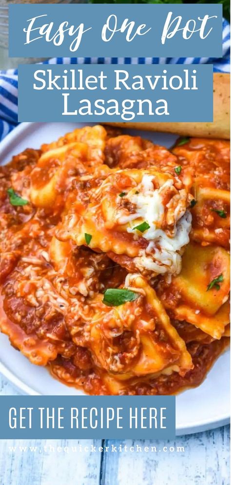 Skillet ravioli lasagna is a delicious one pot meal perfect for busy nights. It gives you all that cheesy goodness you know and love but without all the prep and cleanup of traditional lasagna. Try this quick and easy recipe today from The Quicker Kitchen, a food blog for busy families. Ravioli Skillet Recipe, Skillet Ravioli Lasagna, Skillet Ravioli, Cheese Ravioli Recipe, Hotel Cooking, One Pot Lasagna, Lazy Lasagna, Ravioli Lasagna, Skillet Lasagna