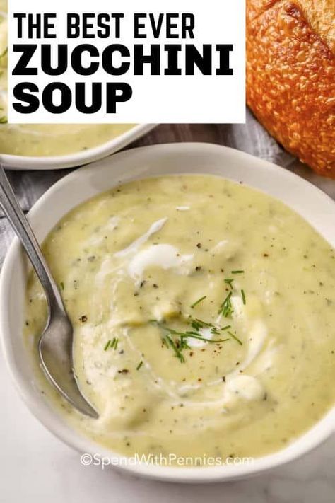 This Zucchini Soup recipe is the best way to use up all that garden zucchini. It's freezer-friendly too, which means you can double the recipe and save half for another day! #spendwithpennies #zucchinisoup #recipe #stovetop #homemade #creamy Creamy Zucchini Soup, Zucchini Soup Recipes, Garden Zucchini, Creamy Zucchini, Recipe Zucchini, Easy Zucchini Recipes, Zucchini Soup, Summer Soup, Creamy Recipes