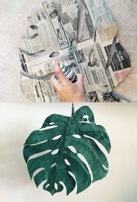 Paper Mache Palm Leaves Leaves Crafts, Spray Paint Crafts, Leaves Diy, Paper Mache Projects, Leaf Cutout, Summer Party Decorations, Palm Tree Leaves, Paper Plants, Paper Mache Sculpture