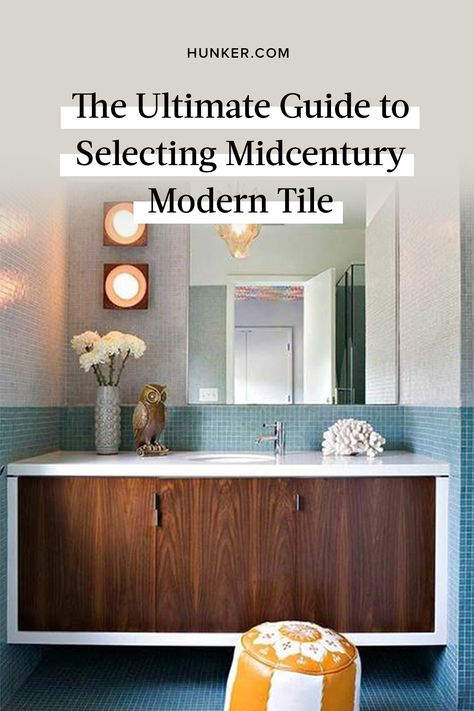 We've got dreamy ideas to bring some stylish, minimal, and ultra-cool midcentury tile touches into your space that will stand the test of time. #hunkerhome #midcenturymodern #tile #tileideas #homedecor Mid Century Tile Entryway, Mid Century Tile Patterns, Midcentury Modern Bathroom Floor Tile, Mcm Bathroom Tile, Mcm Tile Floor, Mid Century Modern Tile Floor, Mid Century Floor Tile, Mid Century Bathroom Tile, Foyer Tile Ideas