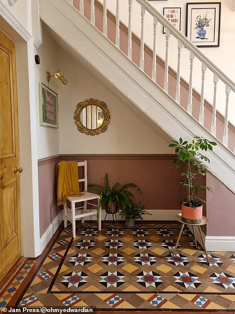 Savvy couple transform dated Edwardian property into a chic home | Daily Mail Online Coastal Outdoor Dining, Edwardian Hallway, Sulking Room Pink, Couples Living Room, Under Stairs Nook, Minton Tiles, Stair Nook, Under Stair, Beautiful Tile Floor