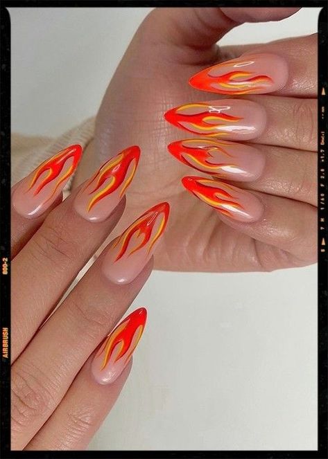 Two Tone Flame Nails, Fire Red Nails Design, Fire Orange Nails, Orange Flames Nails, Red And Orange Flame Nails, Orange Flame Acrylic Nails, Gel Nails Flames, Neon Funky Nails, Neon Flames Nails