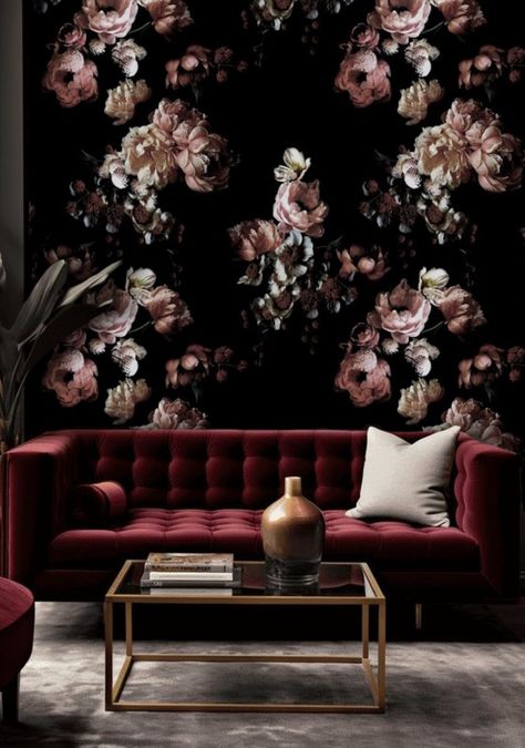 Welcome to TapetShow, where you can give your walls a beautiful look with our SELF ADHESIVE, removable peel and stick dark floral wallpaper wall mural - easier to install and less mess! This stunning oversized flowers print has a dramatic black background with dusty pink peonies.  This "wallpaper" is typically used to add impact to a focal wall as a mural. FEATURES ▪ Self adhesive peel and stick, removable wallpaper mural. ▪ Digitally printed and cut. ▪ Created using the latest, ecological HP te Black Floral Wallpaper Living Room, Moody Burgundy Living Room, Dusty Rose Living Room, Pink Black Wallpaper, Black Floral Wallpaper, Moody Living Room, Stick Wall Art, Focal Wall, Vintage Floral Wallpapers