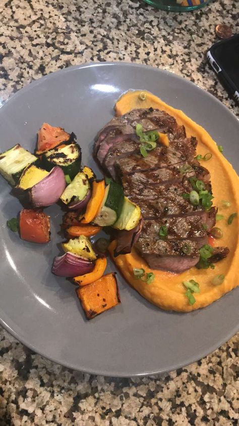 Just a typical dinner....steak, sweet potato purée, and grilled vegetables. Sweet Potato And Steak, Steak And Sweet Potato Dinners, Steak Sweet Potato, Potato Purée, Sweet Potato Dinner, Strip Steak Recipe, Dinner Steak, Corn Cakes, Potato Puree