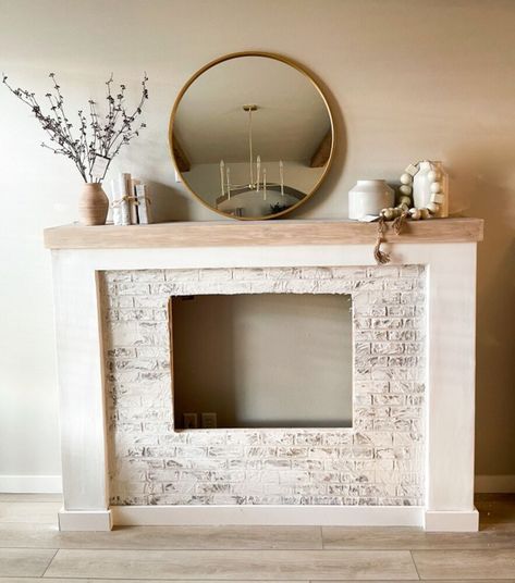 Faux Wood Tiles, Faux Fireplace Mantels, Farmhouse Mantel, Fireplace Mantel Surrounds, Fireplace Update, Mantel Surround, Shiplap Accent Wall, Concrete Fireplace, Brick Pattern