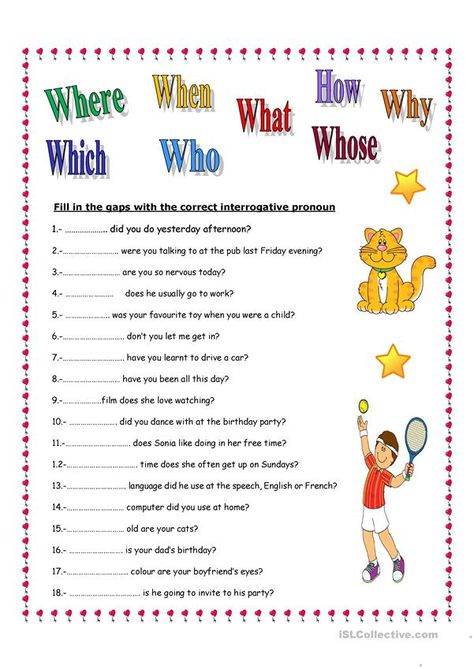 INTERROGATIVE PRONOUNS - English ESL Worksheets Interrogative Pronouns Worksheet, Pronouns Worksheet, Interrogative Pronouns, English For Students, English Grammar Exercises, Relative Pronouns, Adjective Worksheet, Basic English, English Grammar Worksheets