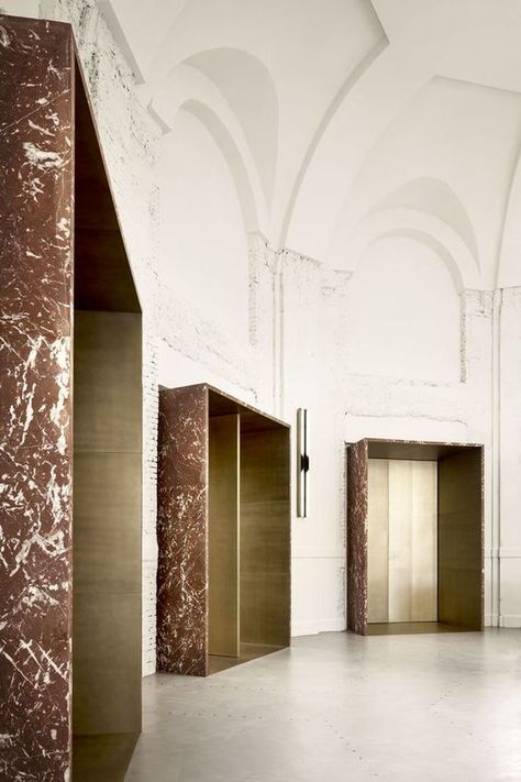 marble architraves Lift Lobby, Statement Tiles, Elevator Lobby, Store Concept, Lobby Design, Tall Ceilings, Empty Room, Arched Windows, Milan Design Week