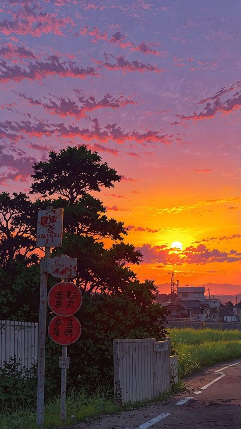 Pink Skies Painting, Sunrise Anime, Skies Painting, Outside Scenery, Beautiful View Wallpaper, Nyc Painting, Wallpaper View, Vintage Town, Aesthetic Views