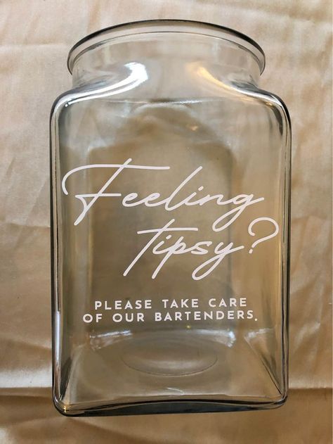 Rustic Bar Ideas Wedding, Tip Jar For Bartender At Wedding, Tip Jars For Wedding Bartenders, Tip Jar Wedding Bartender, Wedding Tip Jar Ideas, Bar Decor Wedding Receptions, Bar Decor Ideas Wedding, Wedding Bar Ideas Elegant, Wedding Bar Tip Jar Ideas