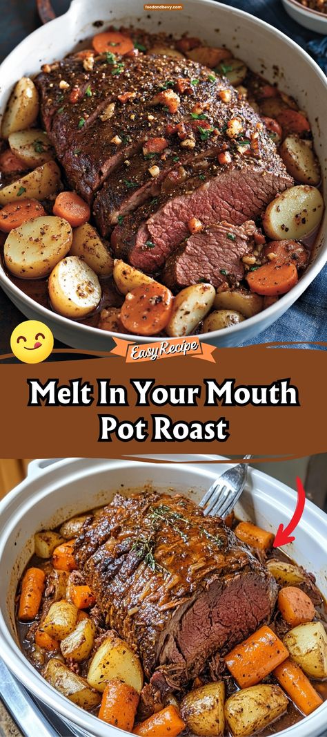 Experience the ultimate comfort food with Melt In Your Mouth Pot Roast. This dish slow-cooks to perfection, with beef that falls apart with the touch of a fork, surrounded by a hearty mix of vegetables and a rich, flavorful gravy. It’s a hearty meal that promises to warm any dinner table. #PotRoast #SlowCooked #HeartyMeals Meals With Beef Chuck Roast, Melt In Your Mouth Roast Beef, Melt In Your Mouth Pot Roast Slow Cooker, What To Make With A Beef Roast, Roast Beef Dinner Recipes, Melt In Your Mouth Pot Roast, Pot Roast Recipes Stove Top, Mock Tender Roast Recipes, Crock Pot Roast Beef Recipes Easy