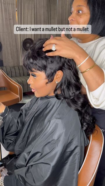 Atlanta Hair Stylist on Instagram: "HAIR FROM MY Remi HAIR Vendor. Link in bio. She wanted yet another mullet but with a twist. Happy Birthday to my baby doll @princesstatyanaa." Mullet Hair Black Women, Mullet Wigs For Black Women, Sew In With Undercut Black Women, Mullet Sew In, Mullet Outfit Women, Mullet Wig Black Woman, Quick Weave Mullet Black Women, Mullet On Black Women, Black Women Mullet Hairstyles