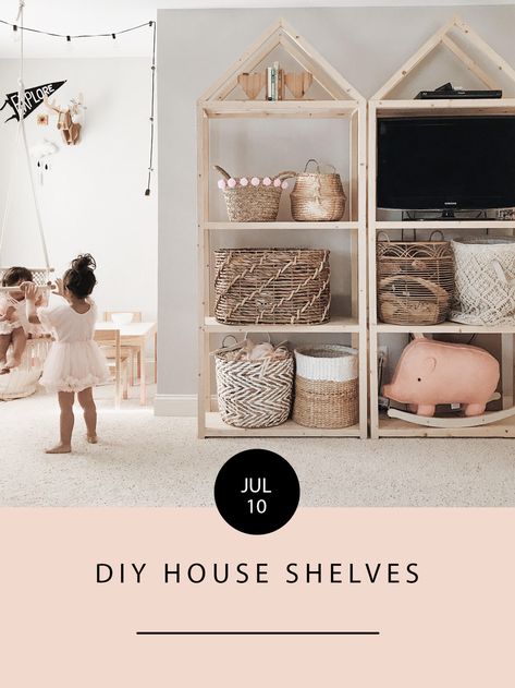 Diy House Bookshelf, Princess Dress Display, Doll House Shelf Diy, House Shaped Bookshelf, Diy Toy Shelves, Diy Toy Shelf, Wall Shelves Kids Room, House Bookcase, Loft Playroom