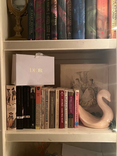 Coquette Book Shelf, Book Shelves In Bedroom, Aesthetic Bookshelves, Dior And I, Heart Socks, Princess Room, Shelves In Bedroom, Cursed Child, Book Shelf