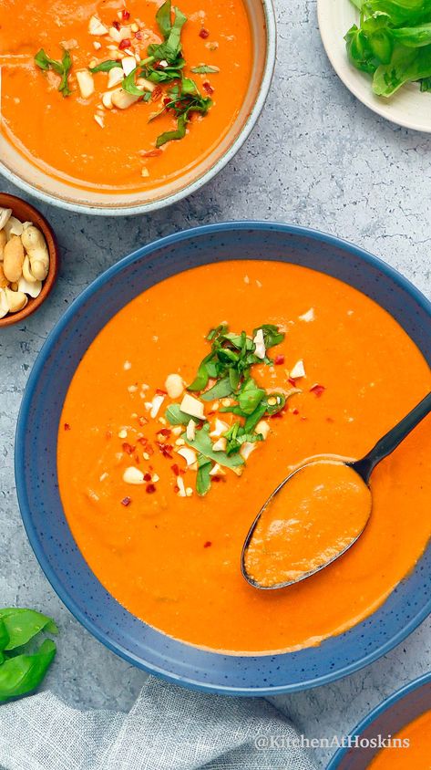 Creamy Vegan Tomato Soup with Cashews | KITCHEN @ HOSKINS Vegan Tomato Soup, Basil Soup, Spinach Soup, Tomato Basil Soup, Gluten Free Vegan Recipes, Cashew Milk, Recipe Boards, Tomato Basil, Recipe Board