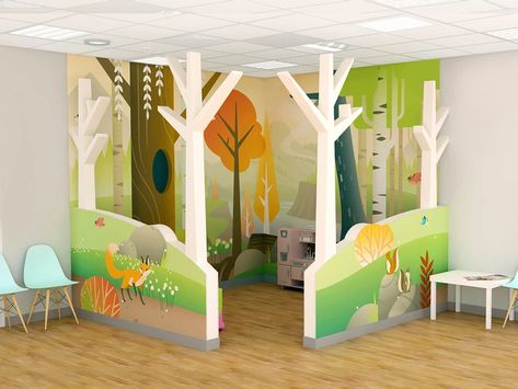 Pediatric Waiting Room Ideas, Pediatric Waiting Room, Hospital Mural, Kids Play Corner, Pediatric Office Decor, Waiting Room Ideas, Chiro Office, Pediatric Office, Kindergarten Interior