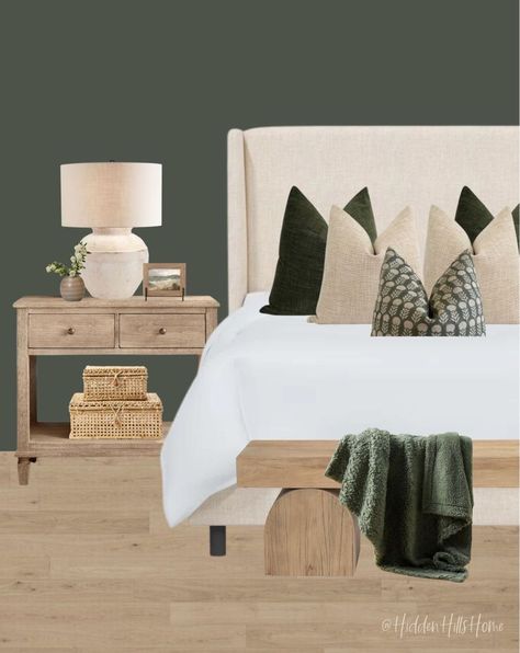 Tilly Upholstered Bed curated on LTK Olive Green And Beige Bedroom, Green And Beige Bedroom, Organic Bedroom Decor, Guest Bedroom Colors, Tilly Upholstered Bed, Moody Bedroom Decor, Guest Bedroom Inspiration, Green Wall Color, Guest Bedroom Makeover