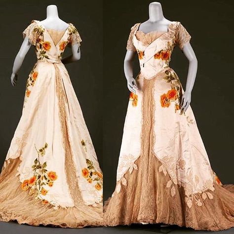 Evening dress, by the House of Worth, ca. 1902. - Researching color and specifically orange/peach flower embroidery Gaun Abad Pertengahan, Historical Gowns, House Of Worth, Museum Of Fine Arts Boston, 파티 드레스, 20th Century Fashion, Edwardian Dress, Old Dresses, Victorian Clothing