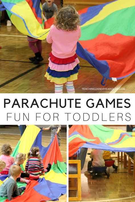 These parachute games are guaranteed to keep toddlers moving! They can focus on rhythm and listening skills while working together to move the parachute in different ways. A fun gross motor activity! #parachute #grossmotor #toddlers #toddlerlife #play #AGE2 #teaching2and3yearolds Parachute Games, Gross Motor Activity, Preschool Music, Gross Motor Activities, Movement Activities, Motor Skills Activities, Music And Movement, Games For Toddlers, Music Activities