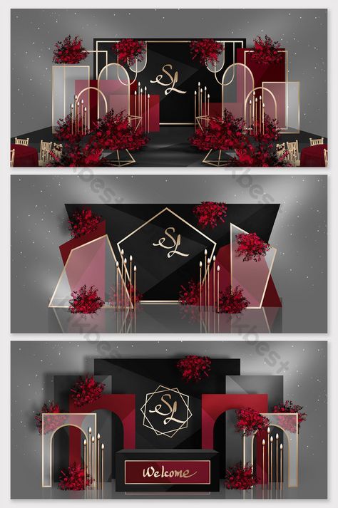 red black gold modern fashion wedding effect map Red Gold Wedding, Wedding Stage Backdrop, Wedding Background Decoration, Black Gold Wedding, Wedding Stage Design, Wedding Backdrop Design, Gold Wedding Theme, Wedding Backdrop Decorations, Customized Products