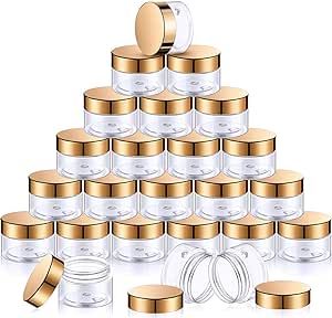 SATINIOR 24 Pieces Empty Clear Plastic Jars with Lids Round Storage Containers Wide-Mouth for Beauty Product Cosmetic Cream Lotion Liquid Butter Craft and Food (Gold Lid,1 oz)