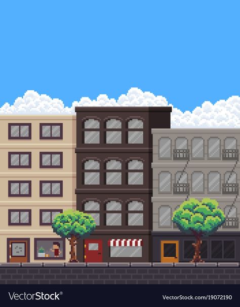 Pixel Art Street, Pixel Art Building, Street With Buildings, Pixel City, Sky With Clouds, London Buildings, Da Hood, School Illustration, Pixel Art Background